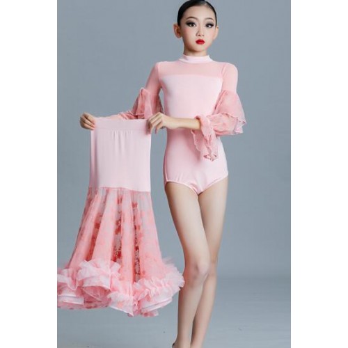 Girls kids pink lace smooth ballroom dance dresses modern waltz tango ballroom dancing costumes long skirts for children